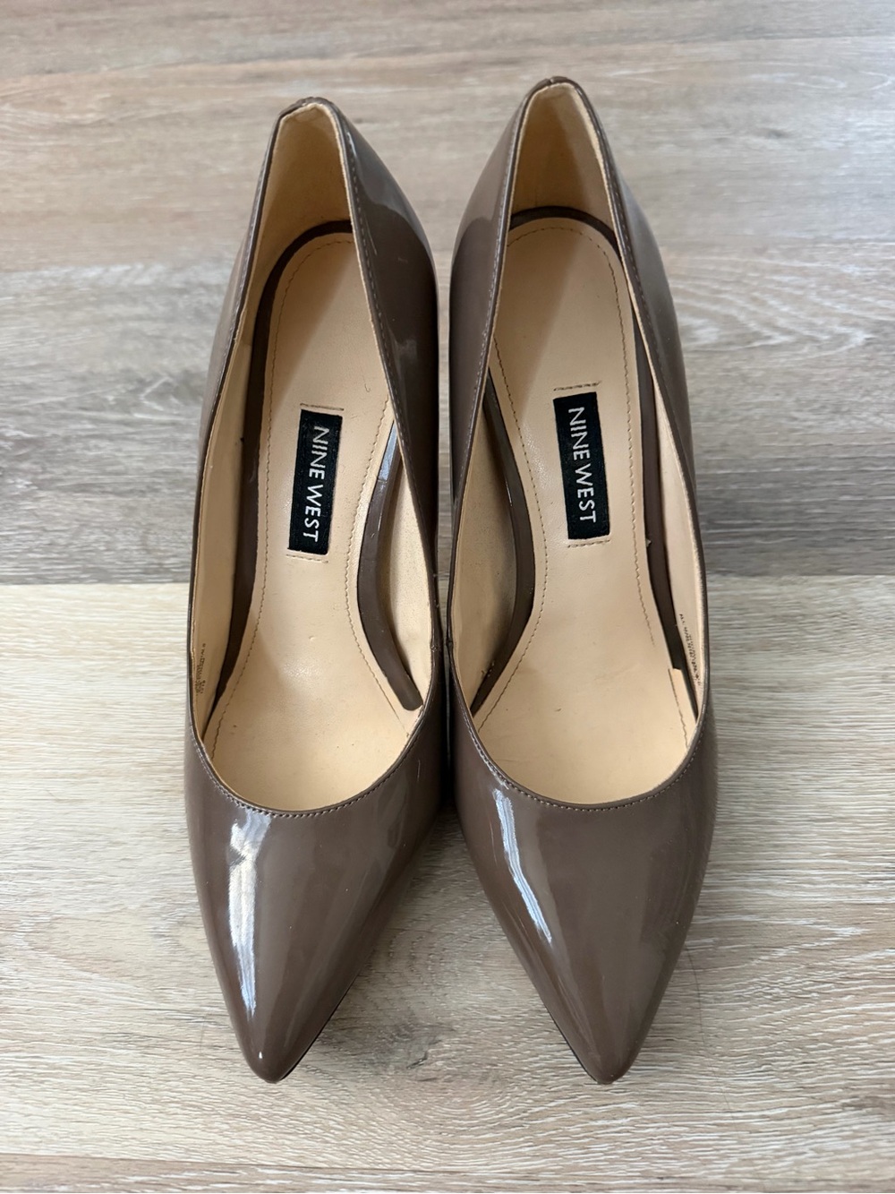 Nine West Taupe Patent Pointed Toe Pumps